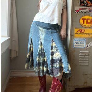 Vintage Y2K Denim Midi Skirt | Boho Lace Panel Pleated Flare | Size 29"